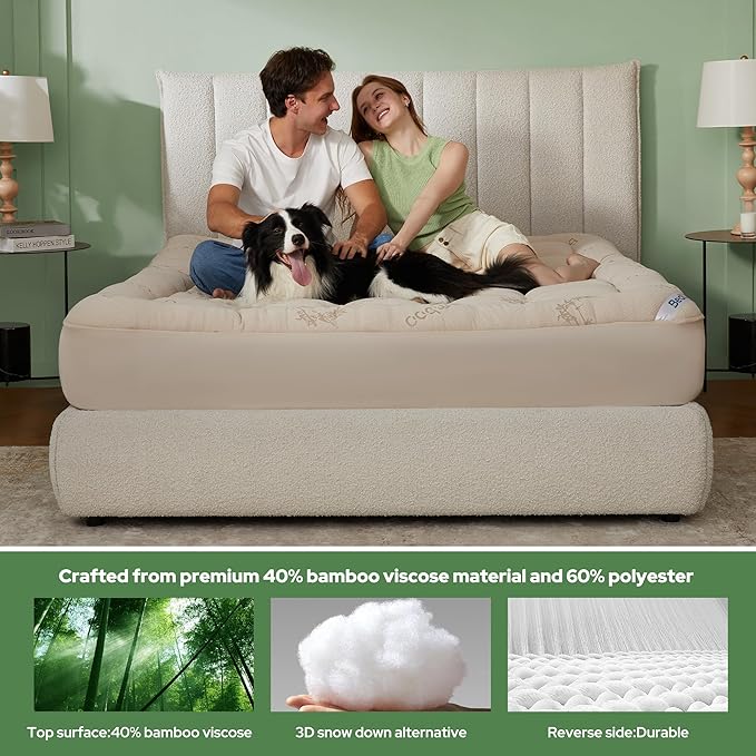 BEDLORE Queen Mattress Topper Viscose Derived from Bamboo, Thick Pillow Top Mattress Pad with Stretchable Pockets for 6-18 inches Mattress, Soft Mattress Topper for Back Pain Relief(Beige)