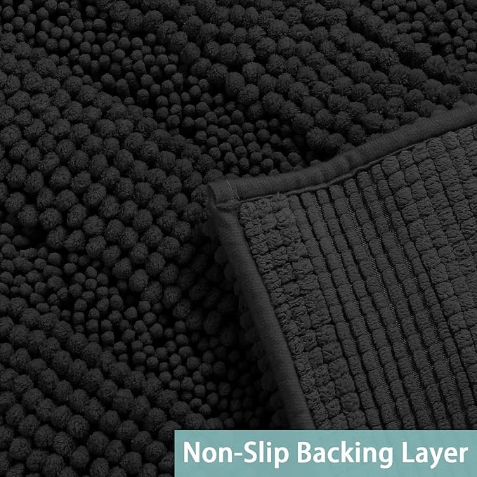 Turquoize Non Slip Black Bathroom Rug Extra Long Chenille Bath Rug 47x17 Super Water Absorbent & Soft Washable Shaggy Bath Rug for Bathroom, Black