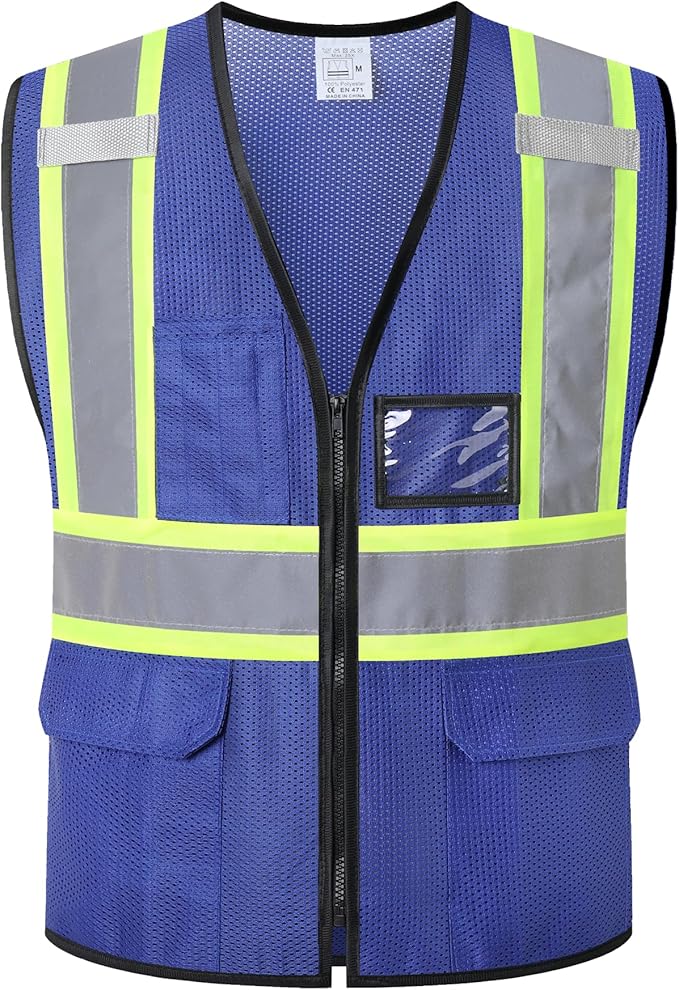 Reflective Safety Vest for Men Women Hi Vis Vest with Pockets High Visibility Vest Mesh Construction Vests Meets ANSI/ISEA Standards (Blue-33, XX-Large)