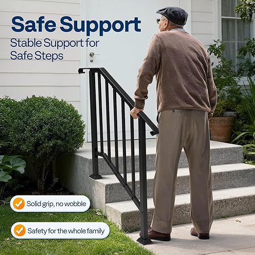 VIVOHOME 2-Pack 3 Step Galvanized Steel Hand Rails for Outdoor Steps – Curved Ends and Safety Balusters Exterior Railing for Porch, Deck, or Indoor Stairs, Complete Installation Kit