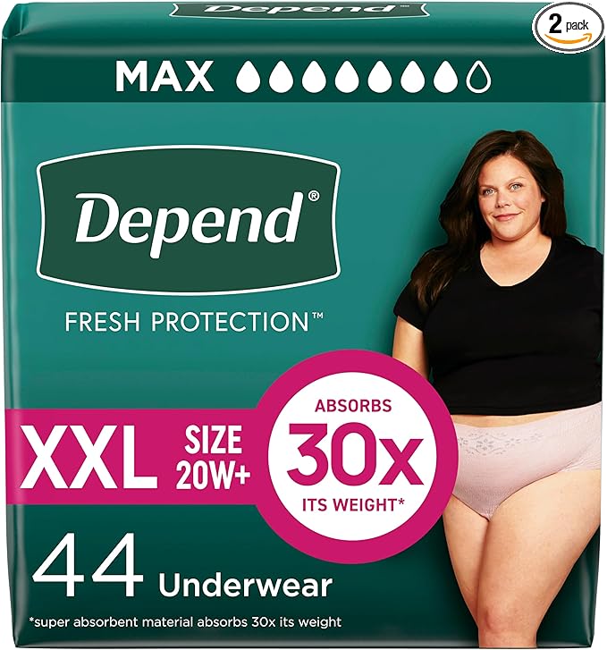 Depend Fresh Protection Adult Diapers, Incontinence & Postpartum Bladder Leak Underwear for Women, Disposable, Maximum, Extra-Extra-Large, Blush, 44 Count (2 Packs of 22), Packaging May Vary