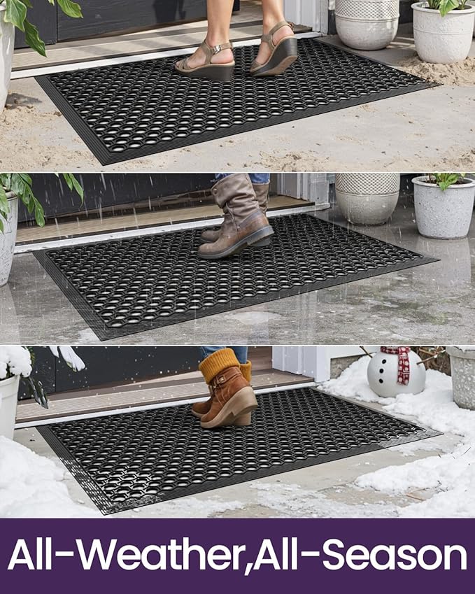 DEXI Front Door Mat 24x36, Non Slip Rubber Doormat Outside Entrance, Heavy Duty Waterproof Drainage Entry Mats, Low Profile Dirt Trapper for Patio Entryway, Black