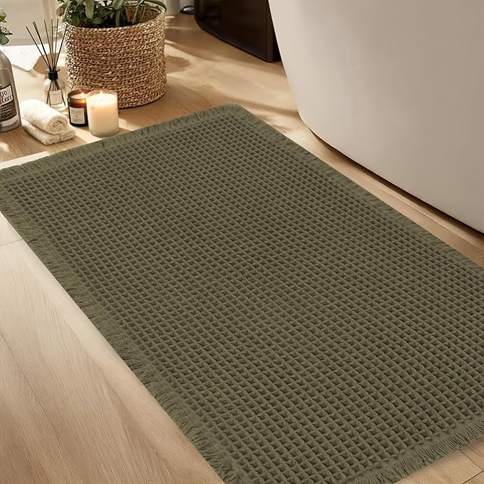 Hiasan Waffle Bath Mat, Super Absorbent Non Slip Bathroom Boho Rug with Tassels, Machine Washable Bath Mats for Bathroom, Ultra Soft Rubber Backed Rug, Grayish Green, 24 x 60 Inches