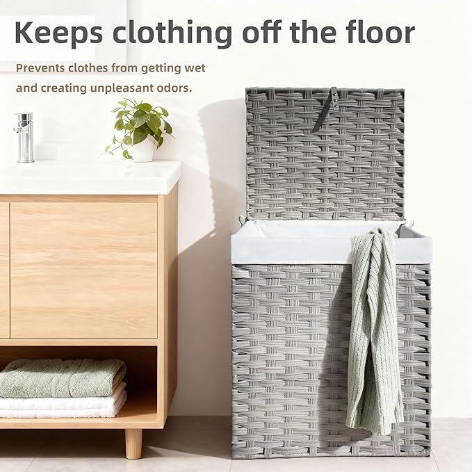Woven Rattan Laundry Hamper with Lid & Handles,90L Foldable Laundry Basket Includes Machine Washable Removable Liner with 2 Compartments for Storage Basket for Bedroom, Bathroom(Gray)