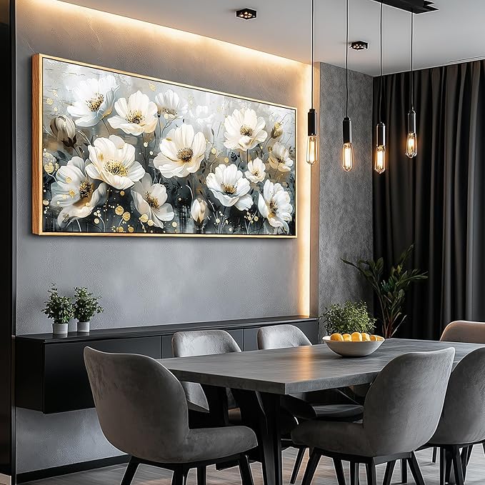 PHAOHUAXM Large Canvas Wall Decor For Living Room Wall Art For Bedroom Office Wall Decorations Print White Ink-Wash Flower-Shaped Wooden Frame Artwork Stretched and Frame Posters Home Decor 24"X48"