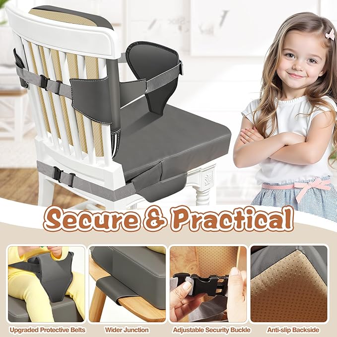 Toddler Booster Seat for Kitchen Chair - Portable PU Waterproof Dining Table Booster Cushion with Backrest and Adjustable Straps, Safe Toddler Seat for Table Eating (Fits Most Chairs)