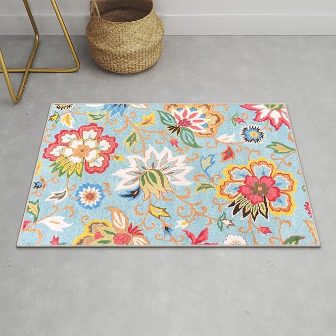 Beeiva Floral 2x3 Small Rugs for Entryway, Non Slip Colorful Door Rugs for Entryway Indoor, Ultra Thin Non-Shedding Throw Thin Bathroom Mat fit Under Door (Colorful,2'x3')