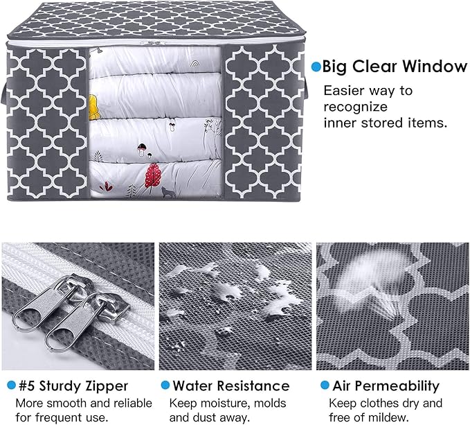 WISELIFE Storage Bags, Large Blanket Clothes Organization and Storage Containers for Bedding, Comforters, Foldable Organizer with Reinforced Handle, Clear Window,Sturdy Zippers,(Grey, 6 x 100L)
