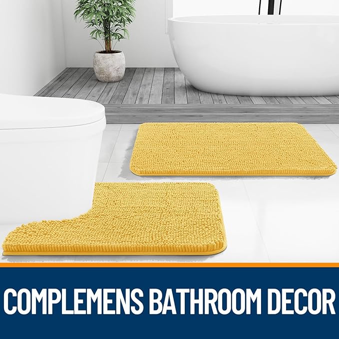 OLANLY Bathroom Rugs Sets 3 Piece, Soft Absorbent Chenille Bath Mats and U-Shaped Contour Toilet Rug, Quick Dry, Home Decor Accessories, Bath Mat Set for Bathroom (30"x20"+24"x16"+24"x20", Yellow)