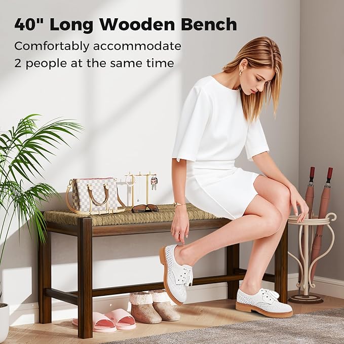GOFLAME 40” Dining Bench, Farmhouse Boho Entryway Bench with Woven Seagrass Seat, End of Bed Bench with Rubber Wood Frame, Accent Indoor Bench for Bedroom, Dining Room, Living Room, Hallway