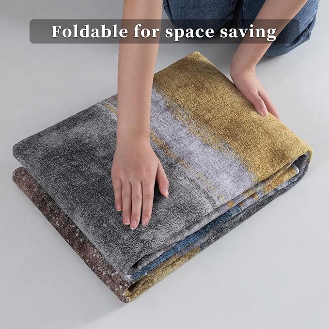 Ciicool 2'6"x10' Washable Runner Rug, Modern Abstract Hallway Rugs Runner, Non-Slip Thin Accent Rug Lightweight Yellow Grey Distressed Carpet Runners for Laundry Entryway Bedroom Kitchen Indoor