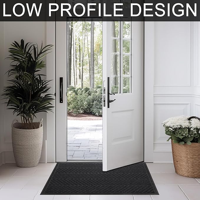 Front Door Mat 29.5"x17" Indoors Outdoors Welcome Mats, Waterproof Non-Slip Rubber Backing Heavy Duty Doormat Outside Entrance, Low Profile Entryway Rugs Floor Mat for Patio, Pattern A Black