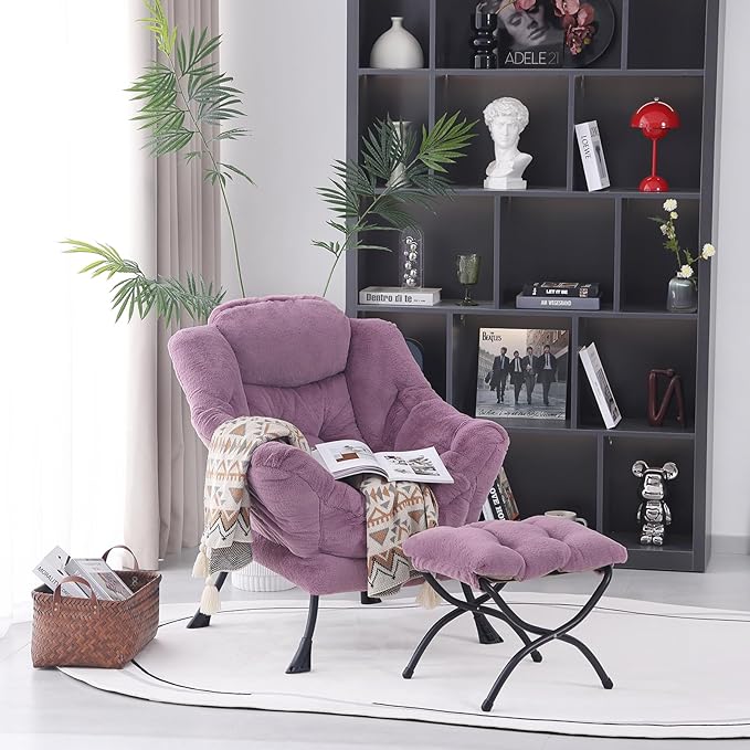 Lazy Chair with Ottoman, Modern Accent Lounge Armchair with Side Pocket & Foldable Footstool, Leisure Reading Chair for Living Room, Bedroom, Dorm & Office, Plush Purple
