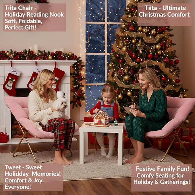 Tiita Comfy Folded Chair, Soft Faux Fur Oversized Folding Accent Chair, Lounge Lazy Chair for Kids Teens Adults, Metal Frame Moon Chair for Bedroom, Living Room, Dorm Rooms, X-Large Pink