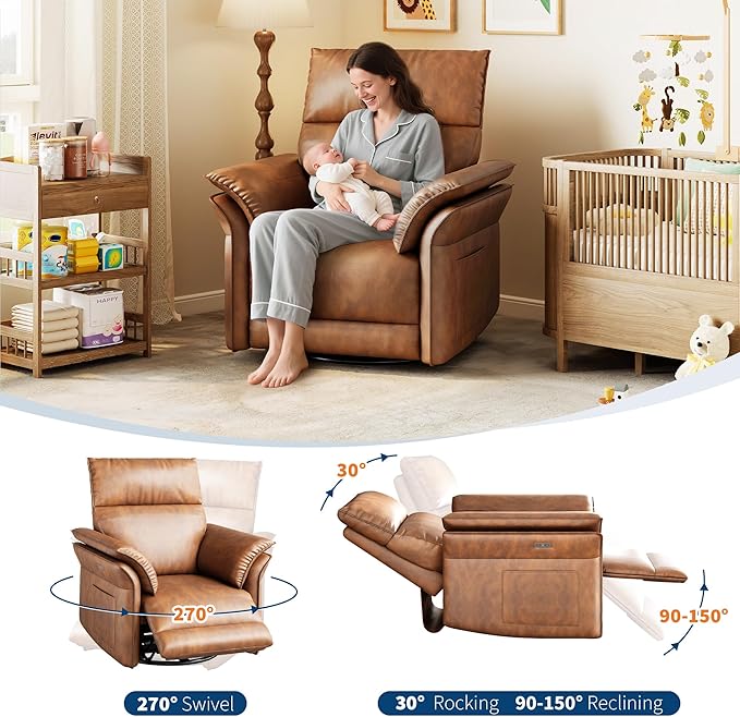 IDEALHOUSE Power Recliner Chair with Side Pockets, 270° Swivel & Glider, USB Charging Port, PU Leather, Thickened Dual-Layer Armrests, Modern Recliner for Living Room, Bedroom (Power Orange)