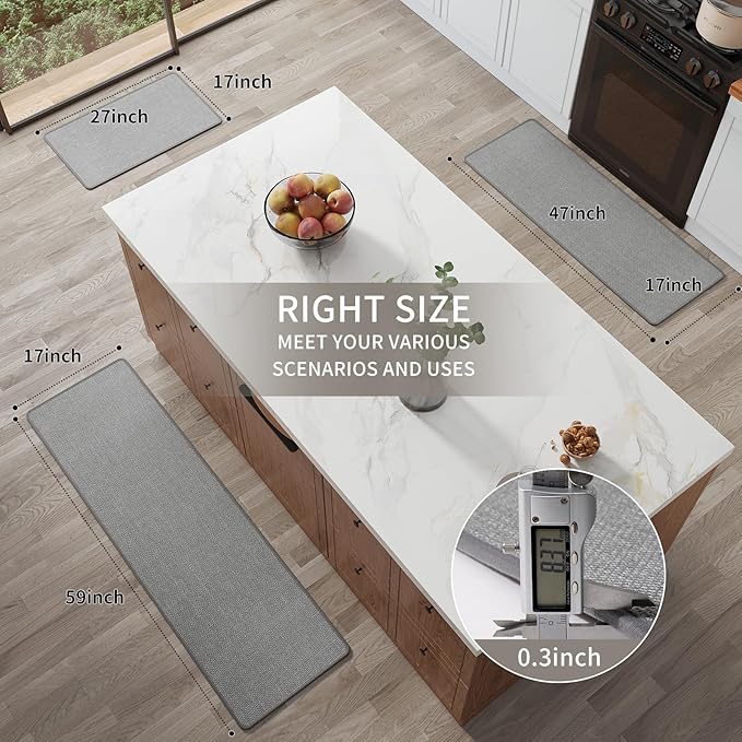 Kitchen Mat Kitchen Rugs Sets of 2 PCS Non Slip Washable, Linen-Like 0.3" Thick Cushioned Absorbent Kitchen Mats for Floor, Mild Anti-Fatigue Sink Laundry Standing Mat, Gray 17"x30"+17"x59"