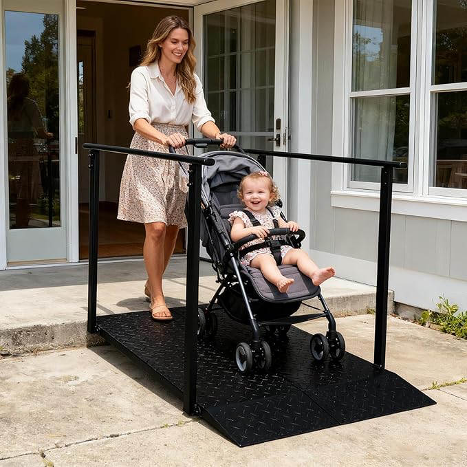 4FT Wheelchair Ramp with Handrails, Non-Slip Iron Handicap Ramps for Steps, Threshold Ramp for Home Entry Stairs Curbs, Heavy Duty Ramp 1000 Lbs Capacity