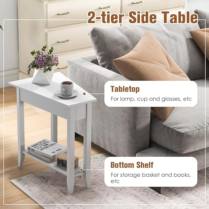 Giantex White Wedge End Table Set of 2, Triangle Side Table with Storage Shelf and Solid Wood Legs, Recliner Table, 24.5" Tall Nightstand, Modern Narrow Accent Table for Small Space Living Room
