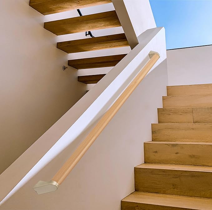 Handrails for Indoor Stairs,Railings，Stairs Handrail，Modern Aluminum Handrail Set, Wall Mounted，Anodized Silver, Rust Free. (Cherry Wood Grain, 17 FT)