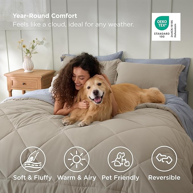 Bedsure Twin Comforter Set - 5 Pieces Reversible Beige Bedding, Twin Size Bed Set for All Seasons, Bed in a Bag with Down Alternative Comforter, Sheets, Pillowcase & Sham