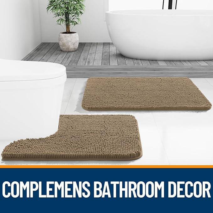 OLANLY Bathroom Rugs Sets 2 Piece, Soft Absorbent Chenille Bath Mats and U-Shaped Contour Toilet Mat Area Rug Set, Machine Washable Bath Carpet, Home Decor Accessories(24"x16"+24"x20", Tan)