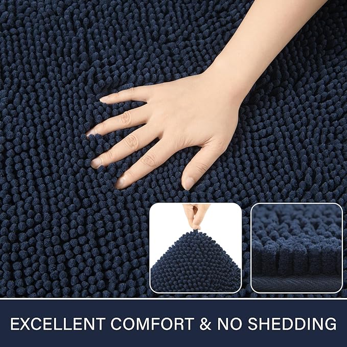 LOCHAS Luxury Bathroom Rug Shaggy Bath Mat 24 x 44 Inch, Washable Non Slip Bath Rugs for Bathroom Shower, Soft Plush Chenille Absorbent Carpets Mats, Navy