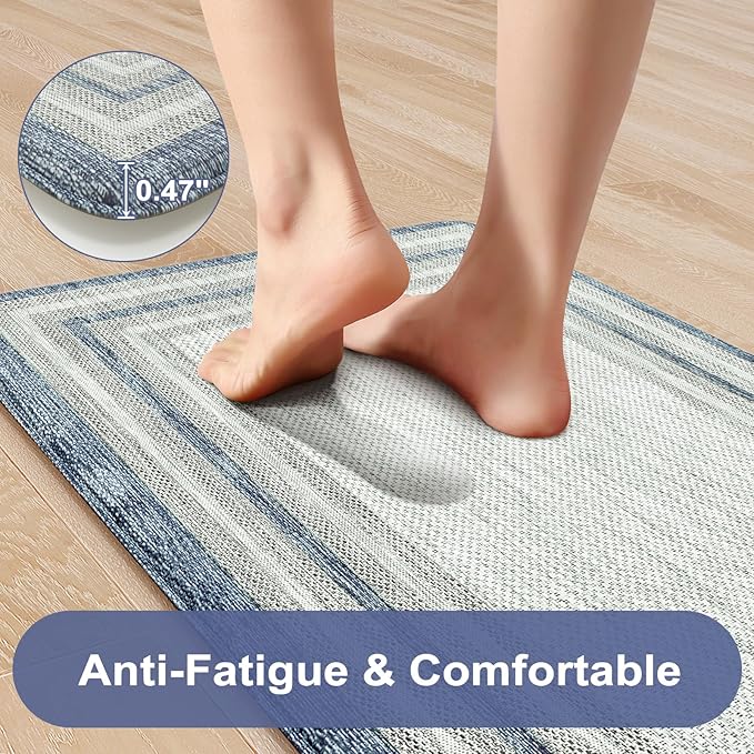KIMODE Anti Fatigue Kitchen Mats for Floor, Blue Grey Farmhouse Kitchen Rugs Sets of 2, Padded Kitchen Floor Mats Non Slip, Cushioned Standing Mats for Front of Sink Laundry Desk 20"x71"+20"x32"