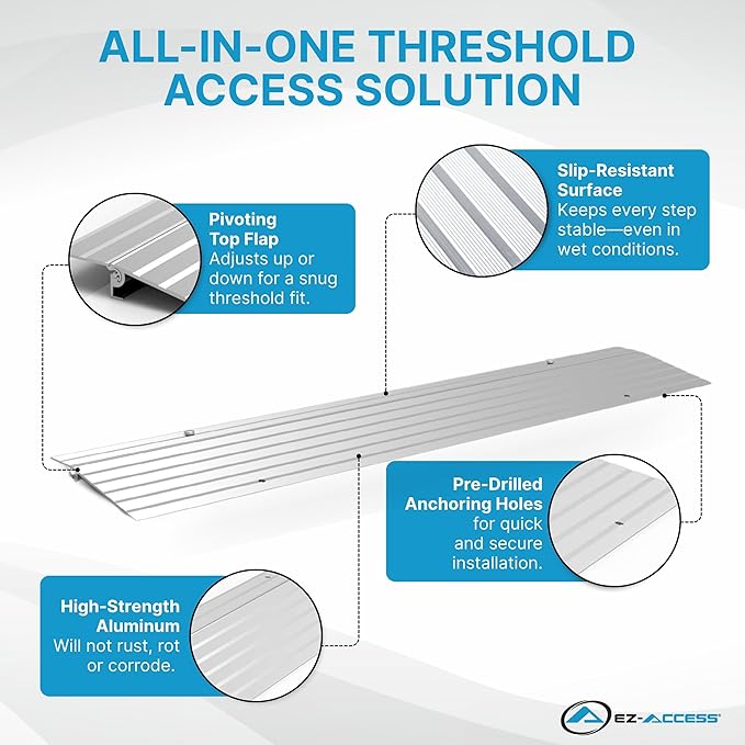 EZ-ACCESS - Threshold Ramps for Doorways - Portable Wheelchair Ramp for Home Steps, Aluminum Door Threshold Sliding Doors, Walker & Wheelchair Access - Adjustable Modular Transitions, 5" Rise