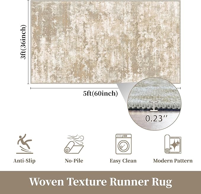 3x5 Area Rug Washable Entryway Rug Non Slip Abstract Tear and Stain Resistance No Pile Lightweight Throw Rugs Carpet for Kitchen, Entrance, Foyer, Bedside, Mudroom, Beige/Yellow