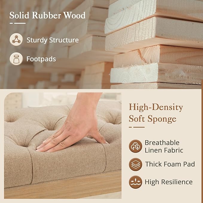 LUE BONA 60" Fabric End of Bed Bench, Upholstered Tufted French Bedroom Bench with Carved Legs for Bedroom End of King Size Bed, Living Room, Wheat