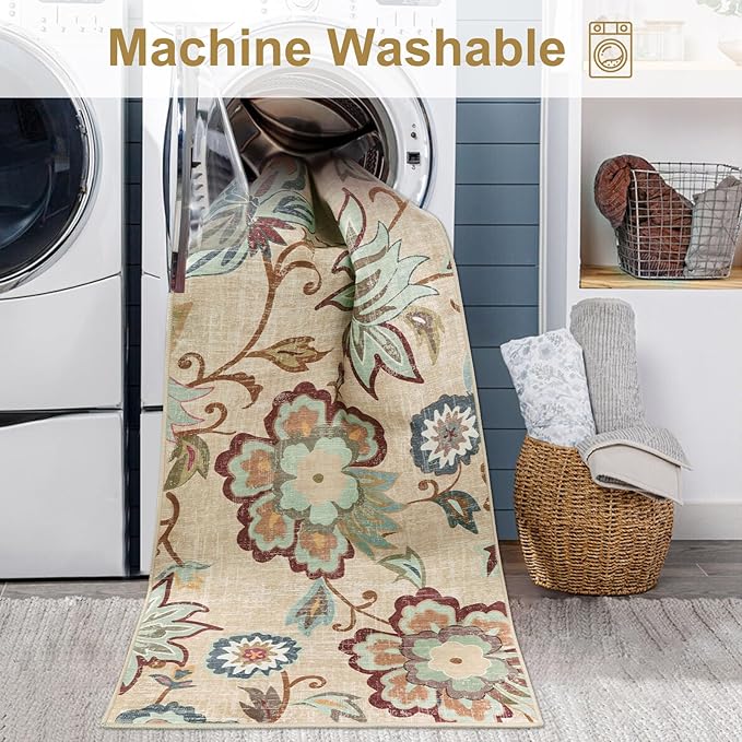 Beeiva Floral Washable 3x5 Area Rugs, Paisley Non Slip Rugs for Bedroom, Throw Ultra Thin Beige Carpet Entryway Carpets with Rubber Backing for Bathroom Kitchen Office