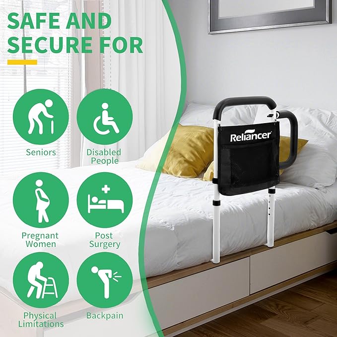 RELIANCER Bed Safety Rail for Elderly Adult w/Side Support Bar&Storage Bag,Dual Handle Assist Grab Bar for Seniors,Adjustable Bedside Support Railing,Bed Side Assist Guard Rail,Bedside Hand Guard Bar