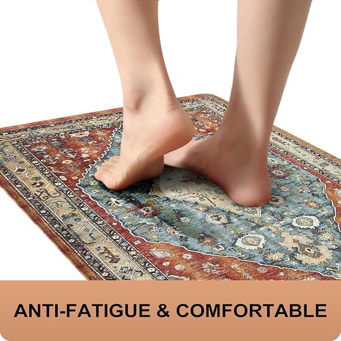 Collive Boho Kitchen Mat 2PCS, Cushioned Anti Fatigue Kitchen Mats for Floor Waterproof Kitchens Rugs Set of 2, Non Slip Comfort Standing Mat for Office, Sink, Laundry, 17"x30"+17"x59"