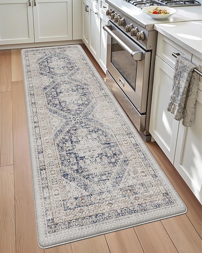 DEXI Kitchen Floor Mats Anti Fatigue, 23x59 Large Cushioned Vintage Runner Rug Waterproof, Standing Comfort Memory Foam Padded for Front Sink Laundry Office, White