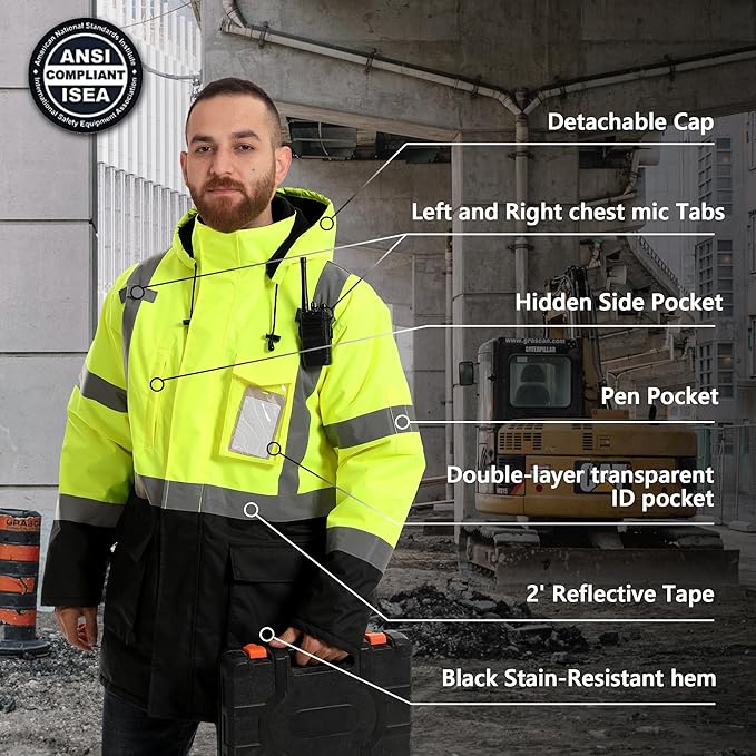 Reflective Jacket, High Visibility Parka, Waterproof Hi Vis, Safety Jacket with Removable Hood and Zipper, ANSI Class 3 (Lime,3XL)