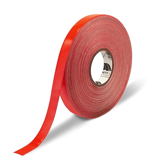 Mighty Line 1" Solid Color Floor Marking Tape for Safety, Caution, Warning, Flooring, Heavy-Duty, Peel and Stick, Adhesive, Industrial Quality, 50' Roll, Red