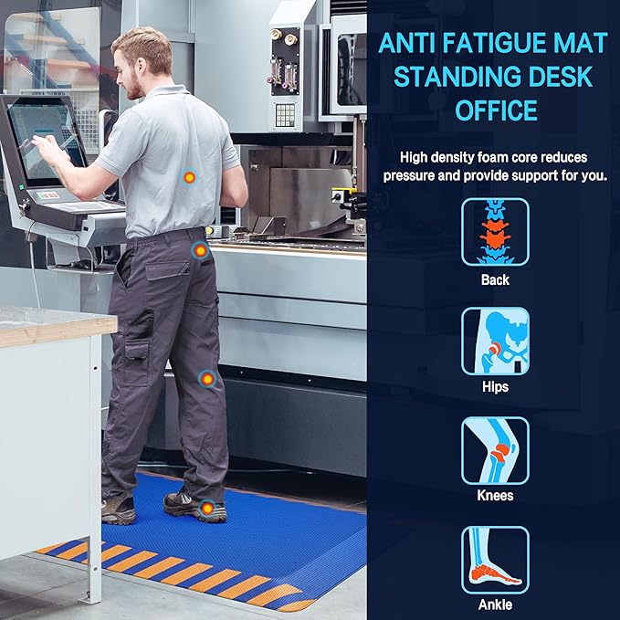 FEATOL Anti Fatigue Mat Industrial, Ergonomic Standing Floor Mat for Work for Stand -Safety Support for Leg & Back Pain(Blue with Yellow Border, 24" x 70", 1PC)
