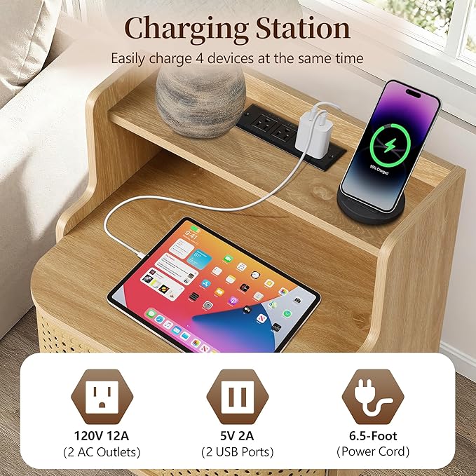 Metal Rattan End Table Set of 2 with Charging Station, Mid Century Modern Nightstand with 2 Doors, Bed Side Table with Storage for Couch,Living Room, Sofa Side Table for Office,Dorm - Natural