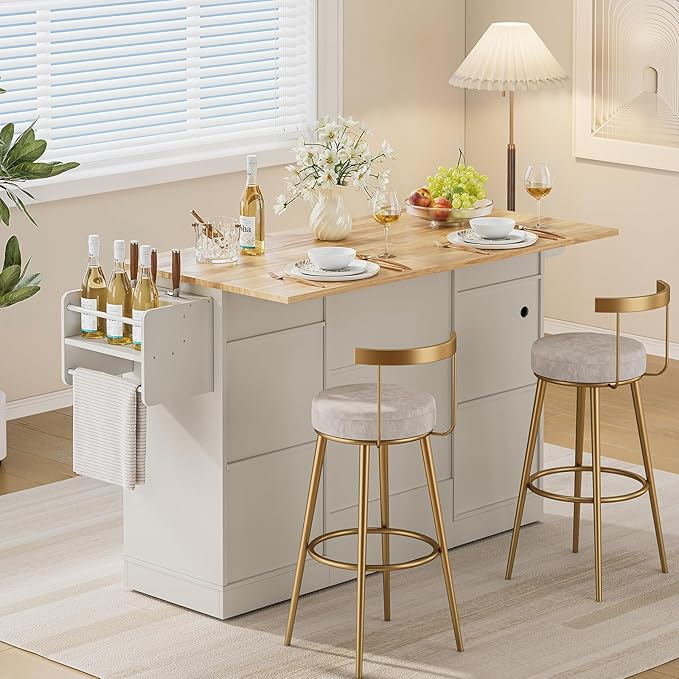 ONBRILL 61" Kitchen Islands with Movable Wood Cutting Board & Trash Storage Cabinets, Rolling Island Cart with Drop Leaf & Power Outlet, Dining Table with Spice & Towel Rack & Knife Holder, White