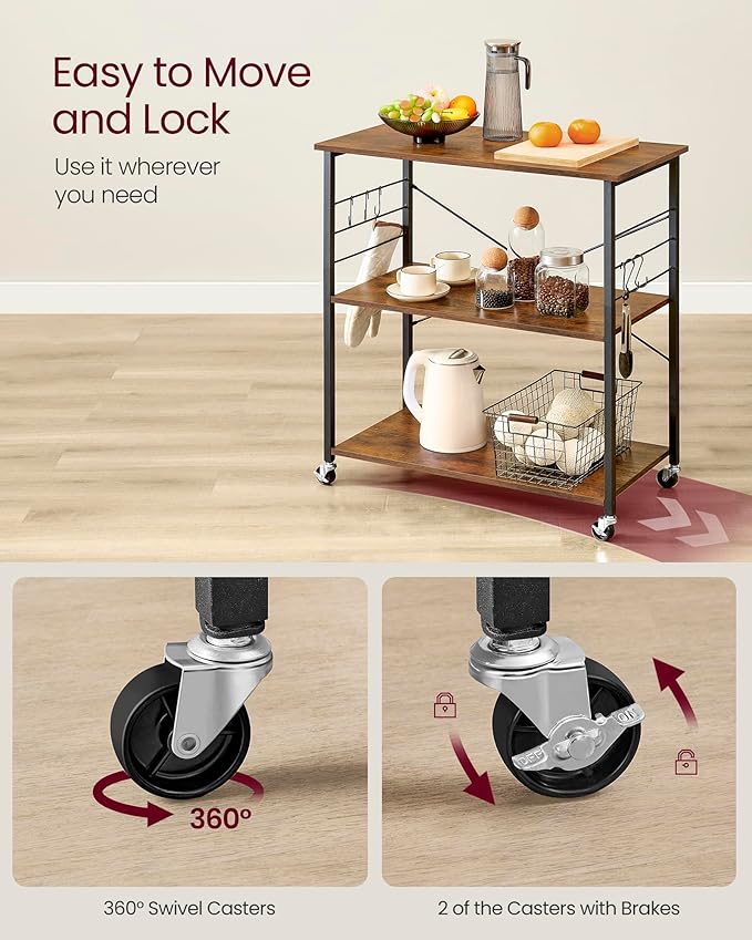 VASAGLE Kitchen Shelf on Wheels, 31.5 Inches Serving Cart with 3 Shelves, Kitchen Cart, Microwave Shelf, for Mini Oven, Toaster, with 6 Hooks, Industrial Style, Rustic Brown and Ink Black UKKS067K01