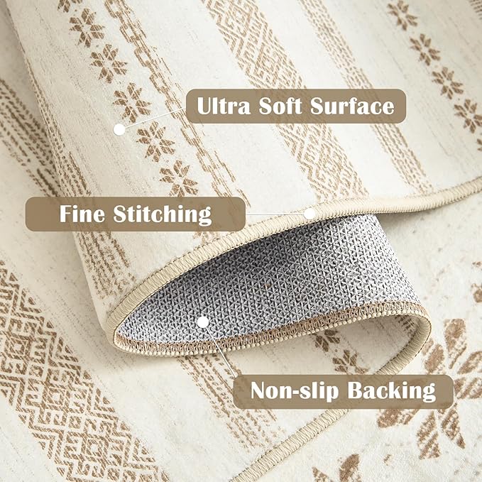 jinchan Boho 4x6 Area Rugs - Machine Washable Moroccan Soft Throw Rug Bohemian Ripple Design Non-Slip Neutral Carpet for Bedroom Entryway Living Room Kitchen Dining Room Home Office (4‘x6', Beige)
