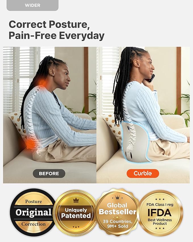 Curble Wider(Standard Wide) – Ergonomic Lower Back Support, Lumbar Support Back Posture Corrector for Low Back Pain Relief, Perfect for Home Office Desk Chair, and Floor Seat, Patented (Red)