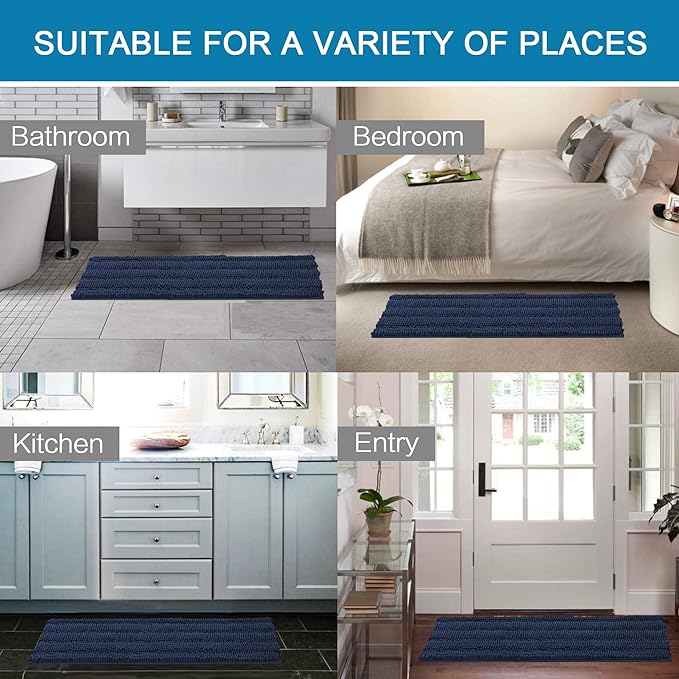 H.VERSAILTEX Bath Rugs for Bathroom Non Slip Bath Mats Extra Thick Chenille Striped Bath Rug Runners 47" x 17" Absorbent Fluffy Soft Shaggy Mats Dry Fast Plush Area Carpet for Bath Room - Navy