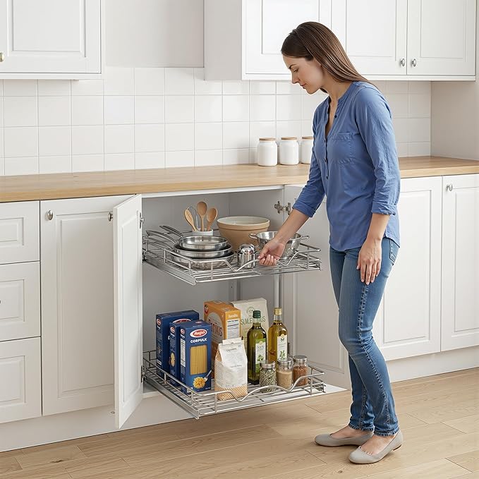 HOLDN’ STORAGE Two Tier Pull Out Cabinet Organizer, Individual Sliding Drawers - Heavy Duty Metal with Lifetime Limited Warranty - Anti Rust Chrome Finish - 8" W x 21”D x 16.5" H
