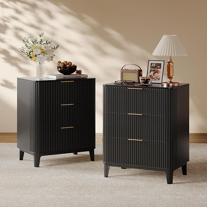 23.6" Mid Century Modern Night Stand with 3 Drawers, Large 3 Drawers Bedside Table with Quiet Drawers & Metal Handles, Fluted 3-Drawer Dresser Rustic Wood 3 Drawer Storage End Table Bedroom Black