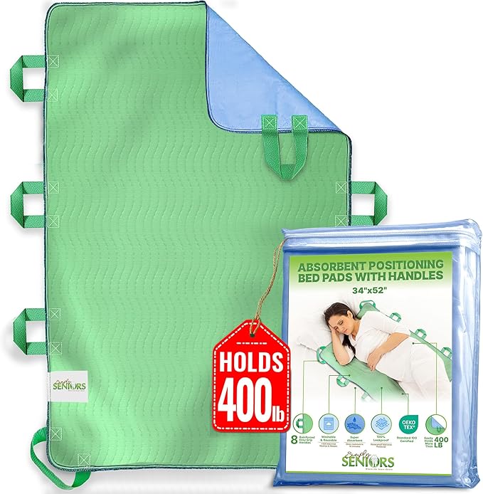 Absorbent Positioning Bed Pads for Elderly with 8 Handles 34"x52"- Washable Waterproof Incontinence Draw Sheets - Reusable Bed Mobility Under Pads for Seniors Disabled & Bedridden Patients-Fast-Drying