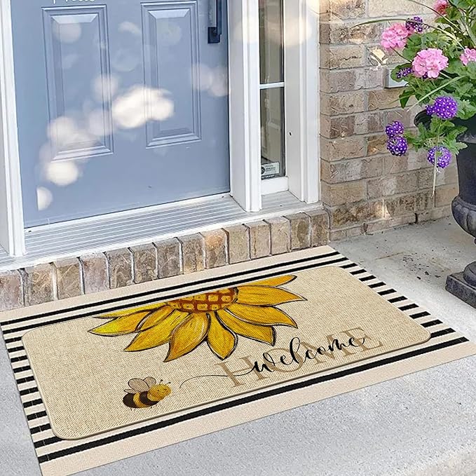 Sunflower Welcome Doormat 17"x36", Non Slip Door Mat Indoor Entrance, Hello Indoor Front Door mat, Spring Summer Outdoor Entrance Mat, Low Profile Design Patio Porch Entryway Mats