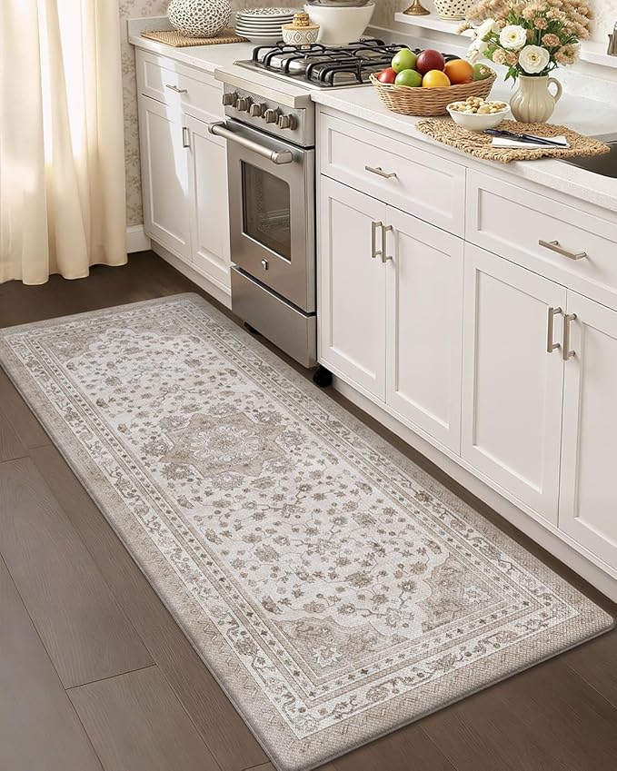 Color&Geometry Kitchen Floor Mats Anti Fatigue, Cushioned Boho Rugs,Waterproof Non Slip Kitchen Runner for Sink, Standing Mats for Office,24"x87",Beige