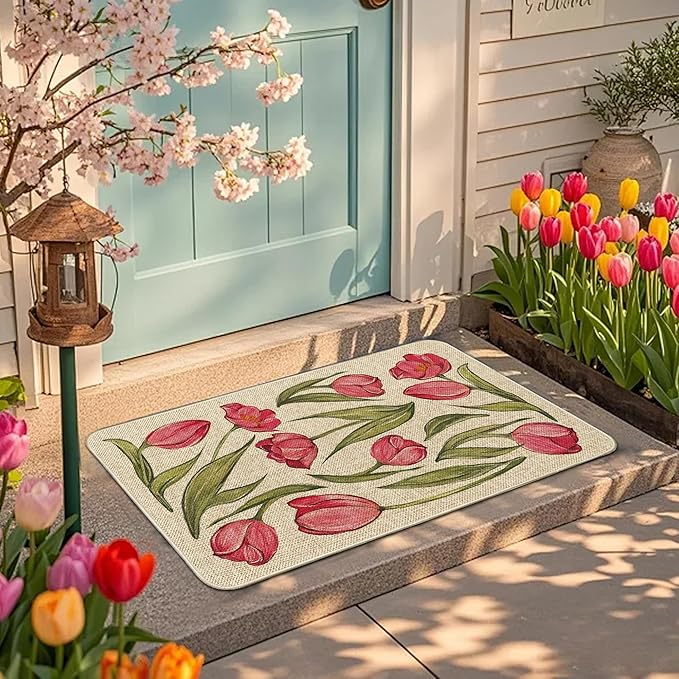 Welcome Spring Door Mat Tulip Flowers Doormat Indoor Outdoor Entrance Summer Decor Outdoor Rug Low-Profile Floor Rug Non Slip Spring Summer Decor Rubber Mats for Home Decoration 17x29Inch