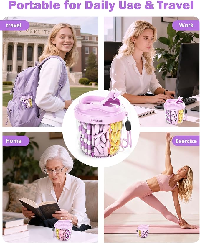 Cute Pill Organizer,Pill Dispenser with 7 Large Compartments,Portable Pill Bottle Box with Wide Opening for Easy Use, Anti-Mix Pills Organizer for Travel,Includes 20 Pcs Sticky Labels（Purple）